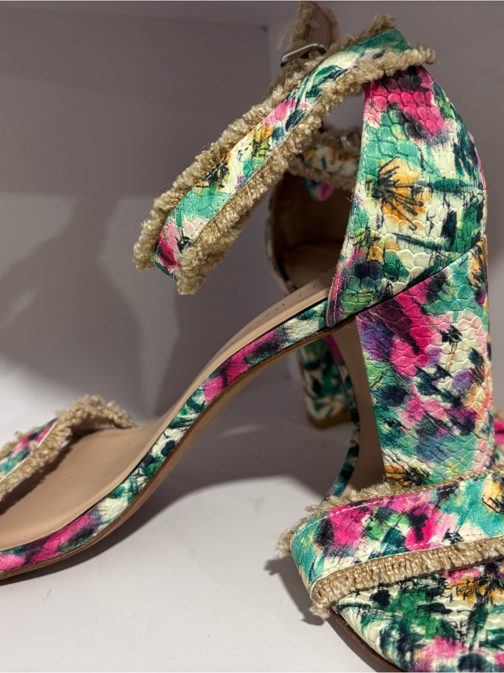 Stuart Weitzman Floral Pink & Green Block-Heel Sandals